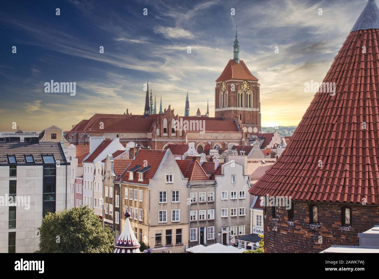 Aerial view of Gdansk city center with church clock tower in the distance Stock Photo