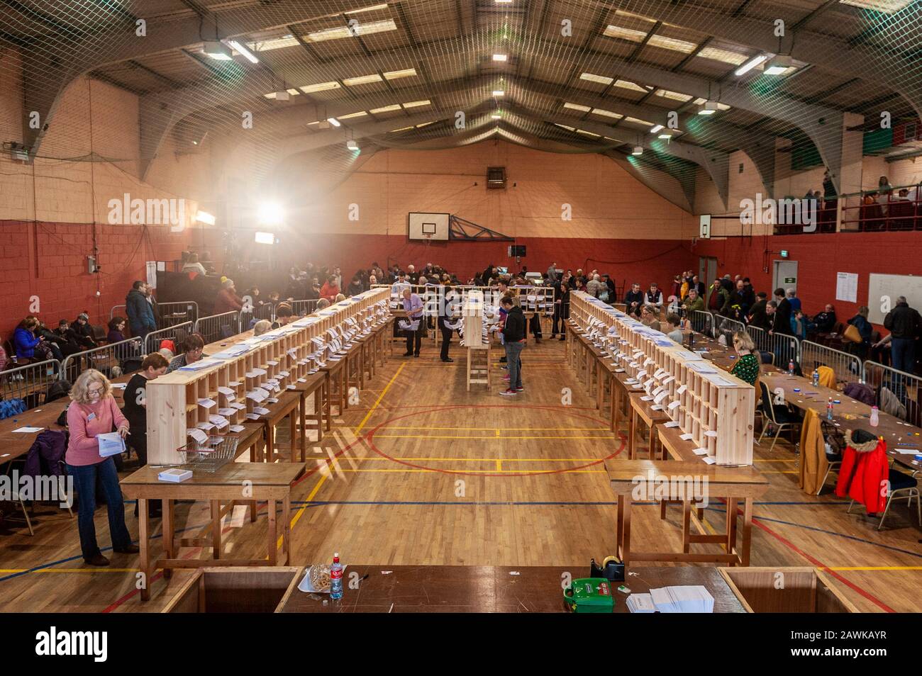 Clonakilty, West Cork, Ireland. 9th Feb, 2020. The Cork South West count centre in Clonakilty Community College. Early indications show that Michael Collins will top the poll, followed by Christopher O'Sullivan with a fight for the third seat between Holly Cairns, Tim Lombard and Paul Hayes. Credit: Andy Gibson/Alamy Live News Stock Photo