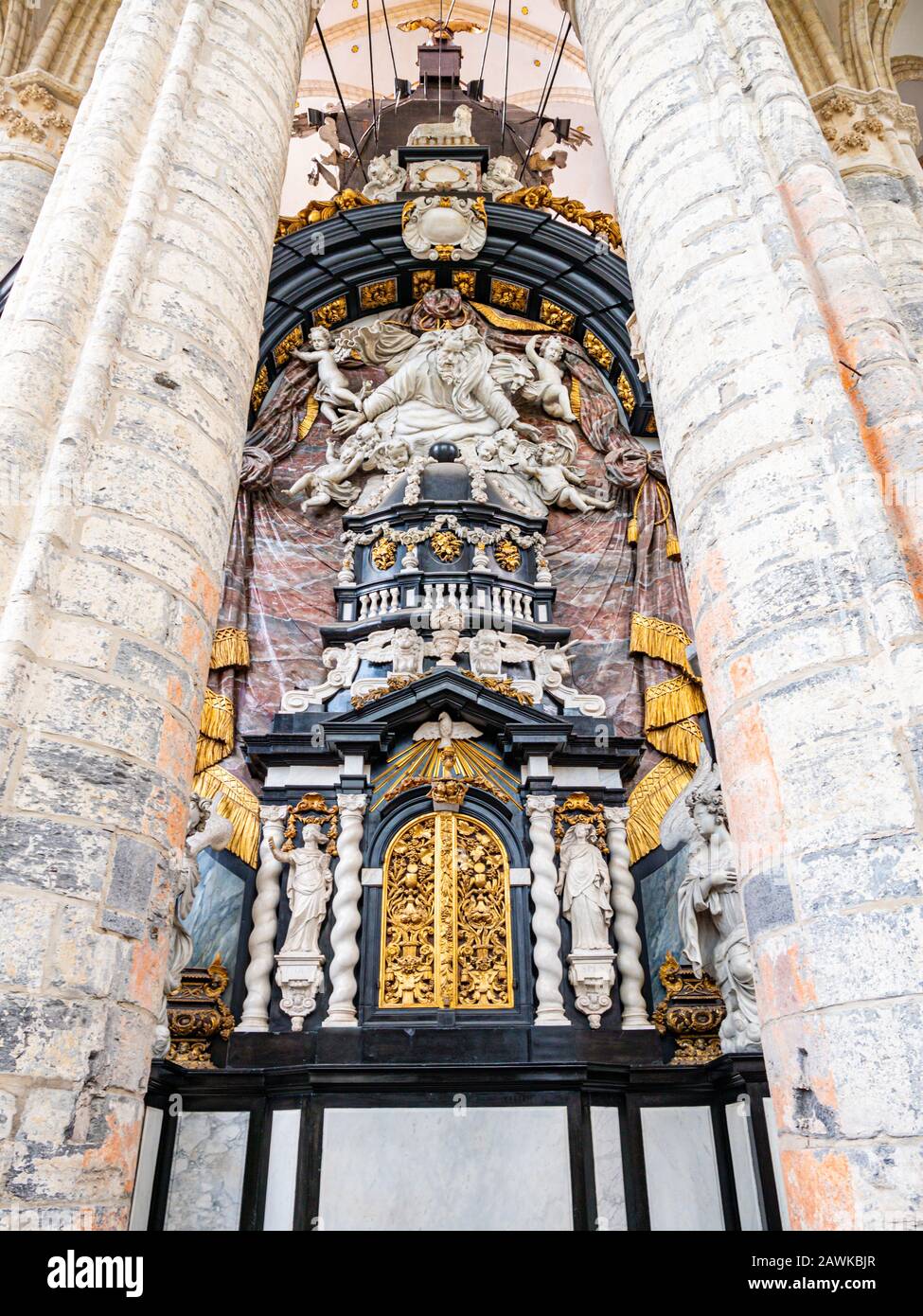 Ghent, Belgium,circa October 2019.Interior of The Saint Nicholas Church in Ghent, Belgium. Important building in Romanesque and Scheldt Gothic style. Stock Photo