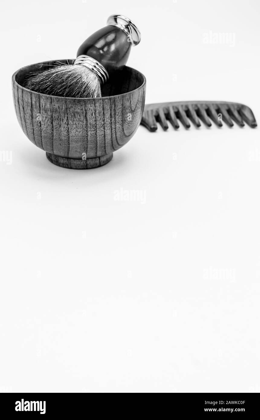 shaving accessories on a white background - top perspective Stock Photo