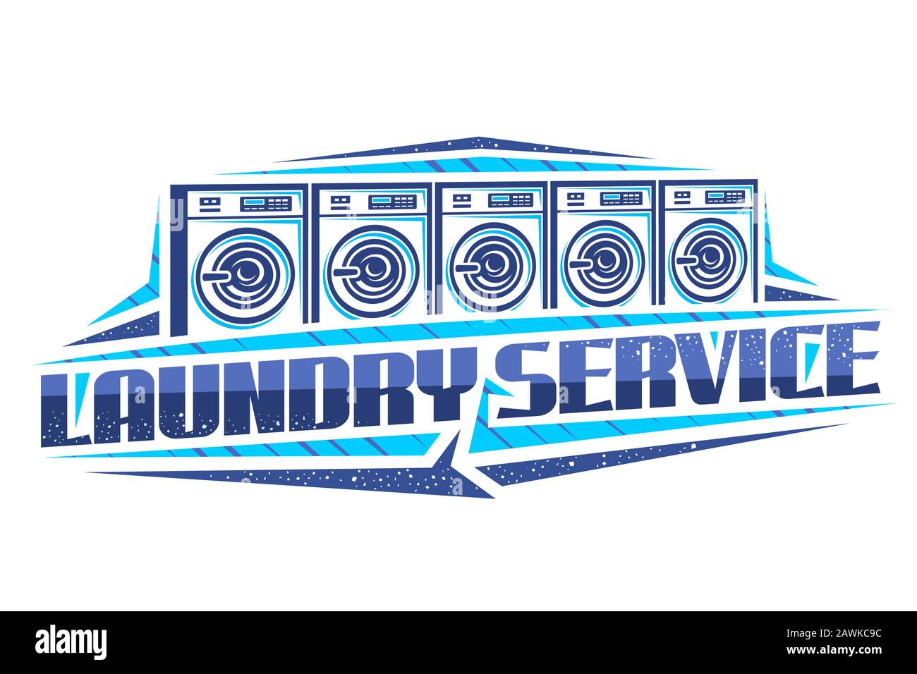 Vector logo for Laundry Service, decorative signboard with illustration of 5 automatic laundromats in a row, design concept with creative typeface for Stock Vector