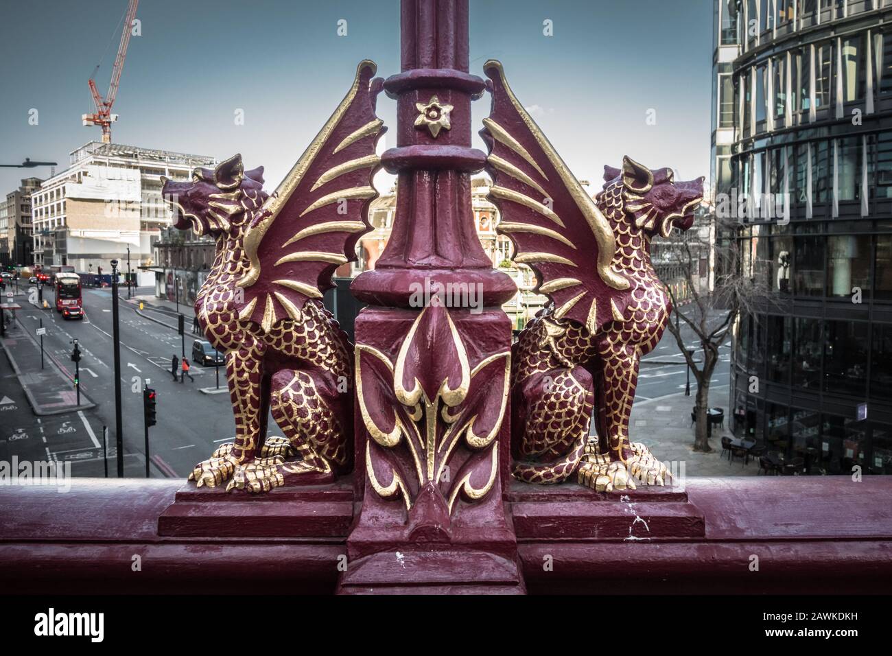 Dragon on Holborn Viaduct in the City of London with Goldman Sachs