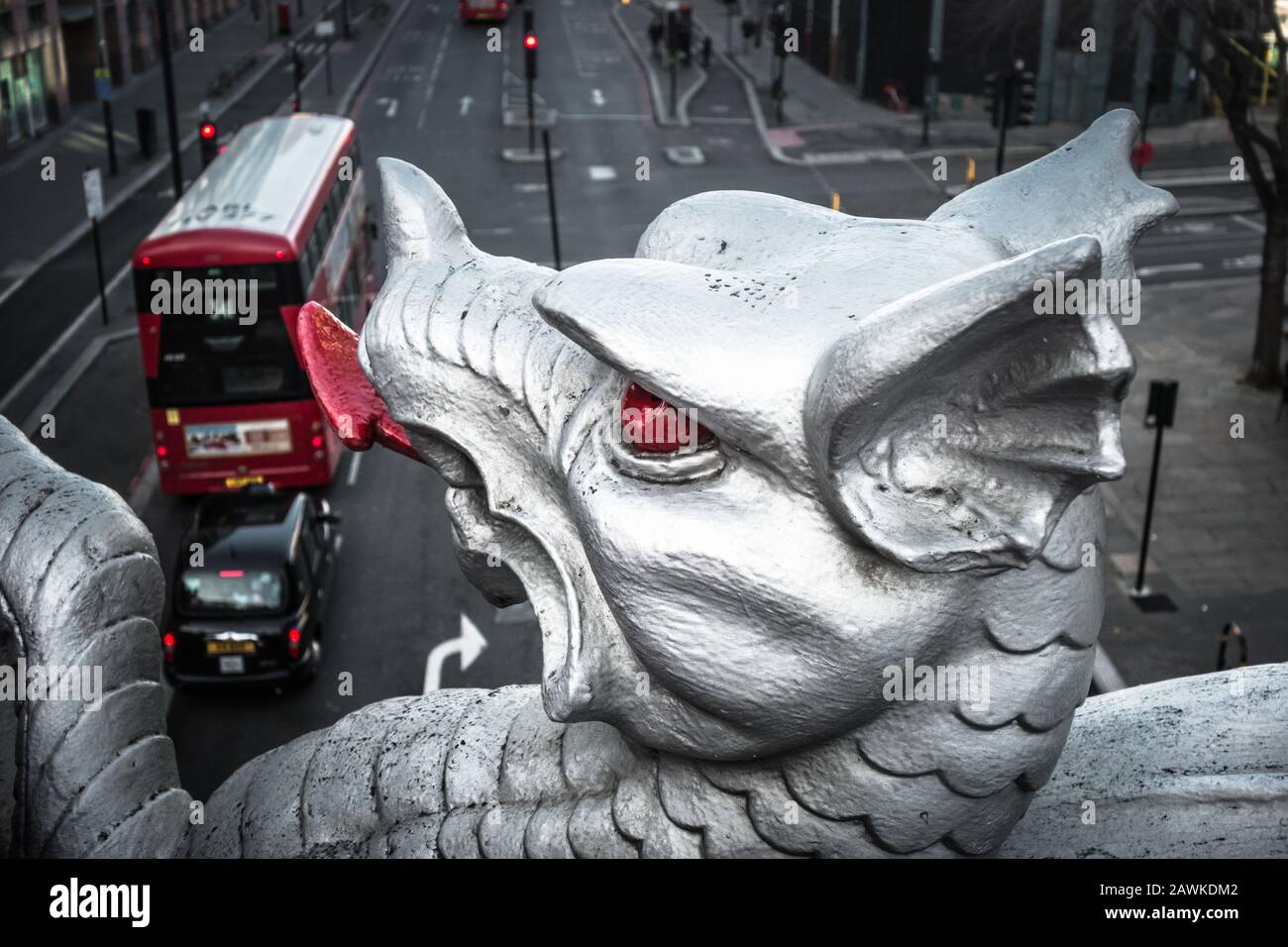 Closeup of silver dragons of the City of London on Holborn Viaduct, Farringdon Street, London, EC4, England, U.K. Stock Photo