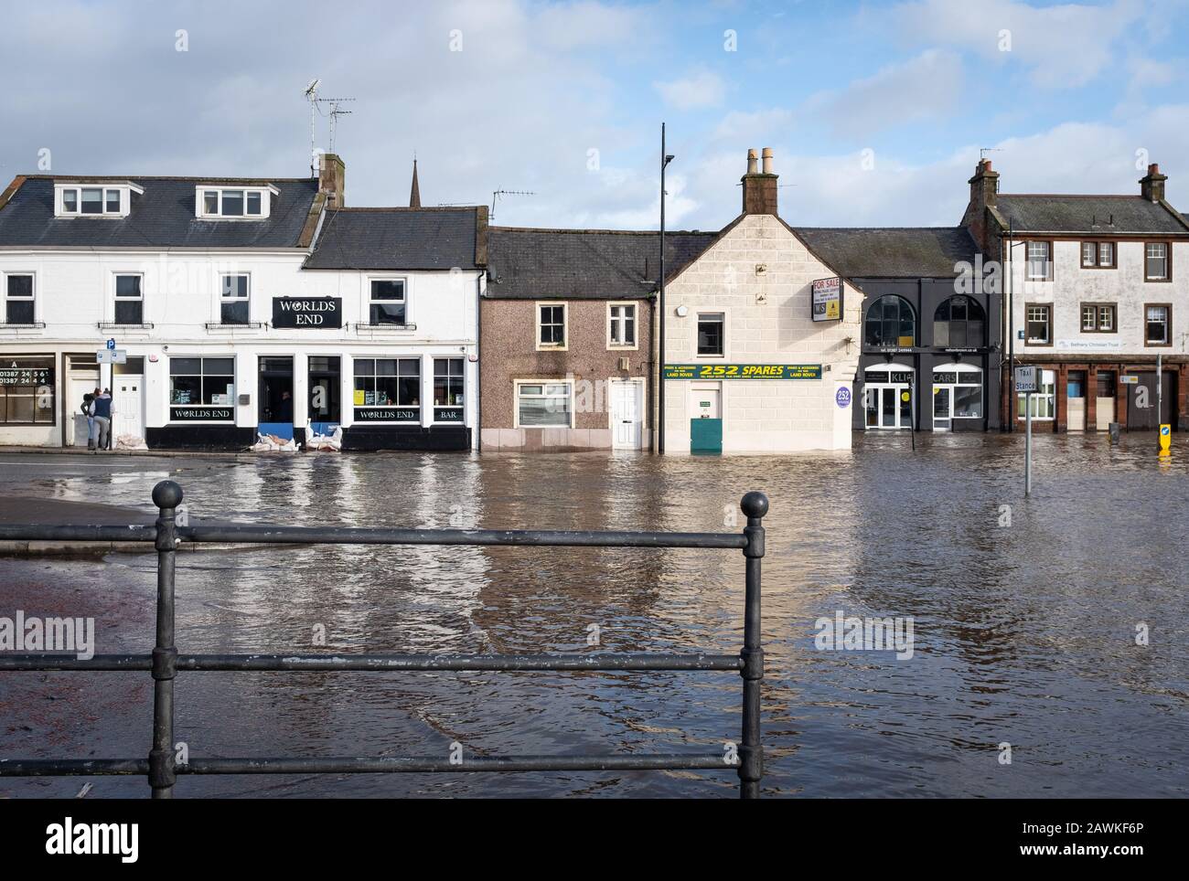 A view of flooding at the Whitesands in Dumfries, Scotland, on the 9th February 2020 as a result of Storm Ciara. Stock Photo
