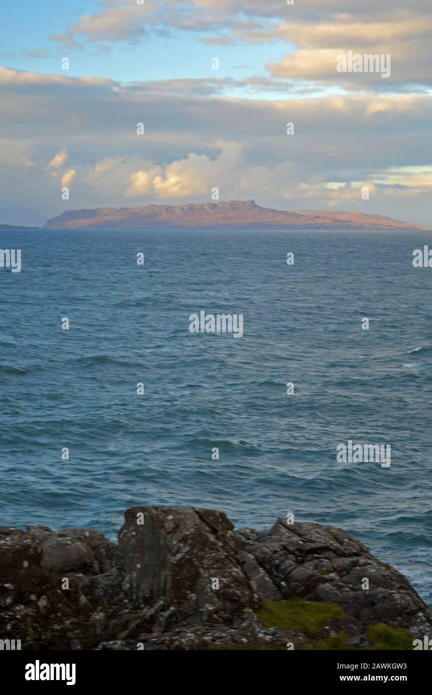 Views of the Isle of rum and port mor from Ardnamurchan lighthouse Stock Photo