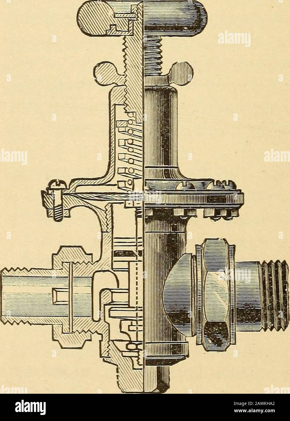 Locomotive appliances . extending down by a loosefit through the regulating piston and supply valve toan adjusting nut. This adjusting nut regulates the maximum openingof the supply valve, which opening should not be over% inch, and the stem serves as a guide to the pistonand valve, which are in one piece. As the stem is aloose fit in the latter, the pressure beneath the supplyvalve (that of the heating system) and that in thesmall chamber between the diaphragm and the pistonare always the same. Hence, when steam from thelocomotive boiler (entering from the right as shownin the engraving) stri Stock Photo