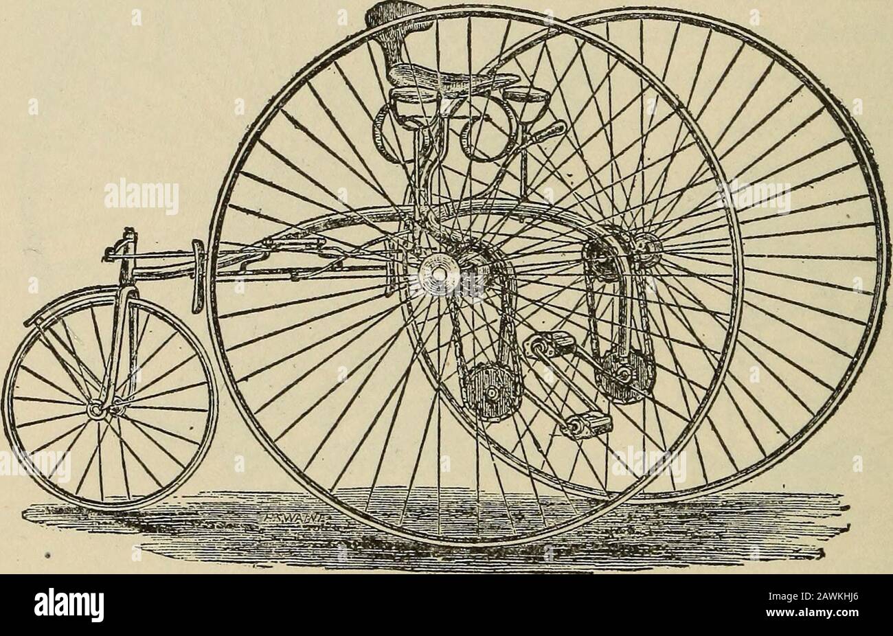Wheels and wheeling; an indispensable handbook for cyclists, with over two hundred illustrations . celsior Tricycle. the Cheylesmore, which is an excellent type of thisclass, as well as one of its most popular varieties.The Cheylesmore tricycle was an open-fronted doubledriver, being driven by means of clutches incased inneat boxes on the crank shafts. These are connectedto the axle by means of two chains. At each end ofthe pedal shafts the clutches are keyed on to the axle,and each clutch has four teeth, vide illustration, whichjamb four small rollers against the chain wheels, and 106 WHEELS Stock Photo