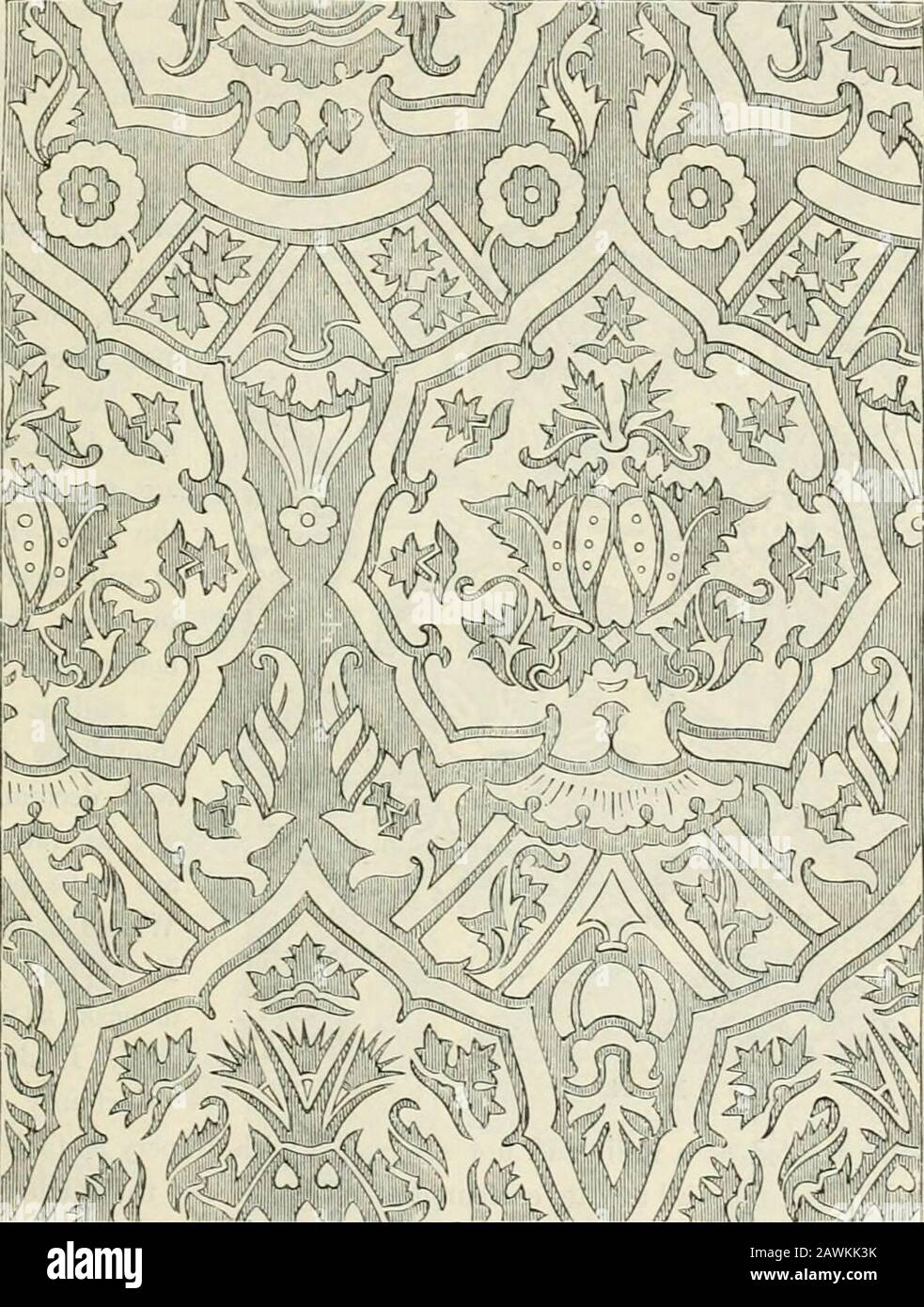 Principles of decorative design . Fig. 92. OliXAirEXTATTOX 01 IABlilCS SEEN IX IOT.DS. 11.3 3Id. If curves are tender and graceful, they become commonplace on a wavedor folded ground. 4th. The size of the pattern should be considered in relation to the size of thefolds of the material.. Fig. 93. In Germany a kind of ornament is applied to rich stiff fabrics which is almostpeculiar to the country. This ornament is rich, bold, hard or stiff in its lines, andin every way adapted for the decoration of a costly fabric which falls in large folds,the folds changing the hard and stiff lines into grace Stock Photo