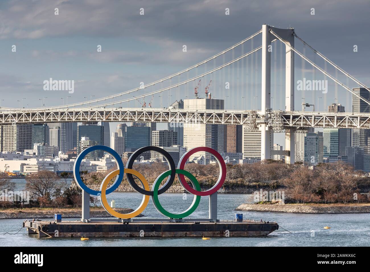 Tokyo Japan 8th Feb 2020 The Olympic Rings On The Waterfront Of The Odaiba Marine Park Where Triathlon And Marathon Swimming Competitions Will Be Held During The Tokyo 2020 Olympic And Paralympic