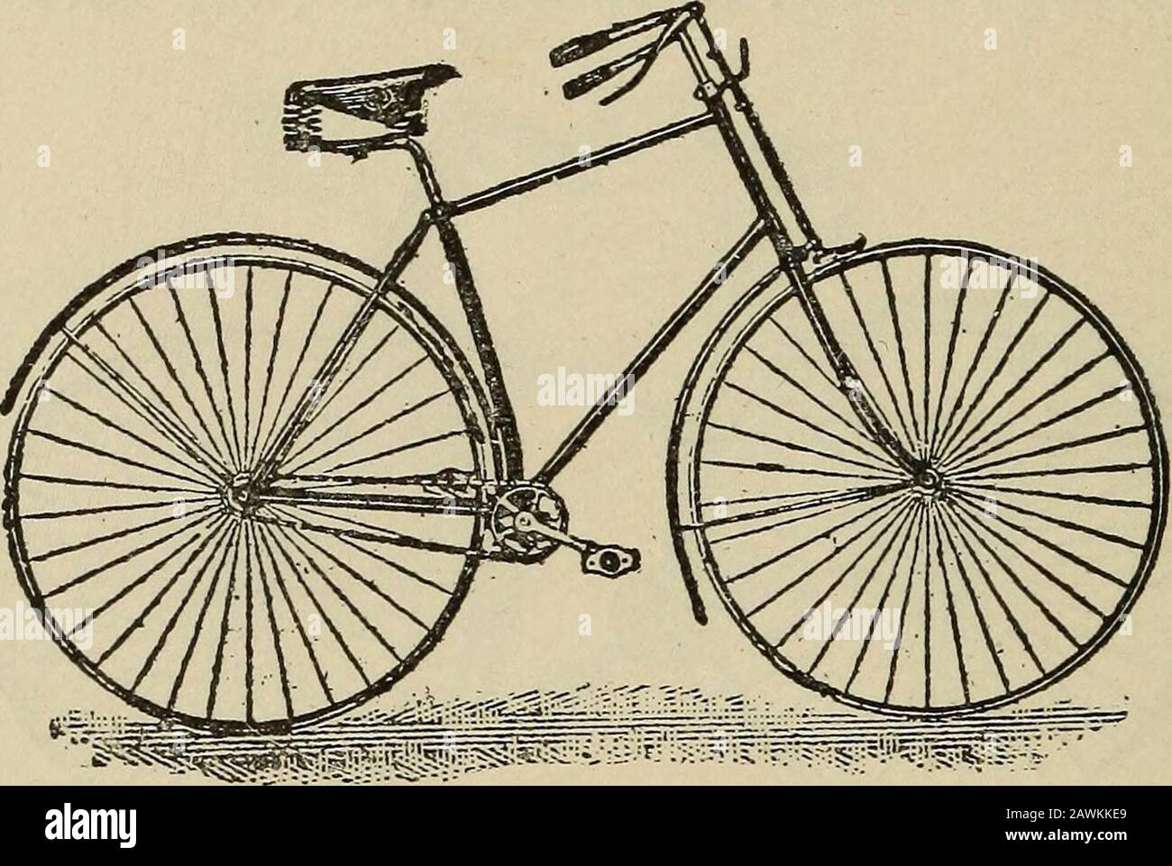 Wheels and wheeling; an indispensable handbook for cyclists, with over two hundred illustrations . Semi-diamond Frame Safety. lower end of the upright pillar so that the ends of thecrank axle are carried by arms. The type of frame known as the diamond, how-ever, soon supplanted all others in popular favor. Itwas, at first, nearly a true diamond in shape, theupper and lower tubes coming together within an inchor two at the head; and it was of the open variety—that is, there was no cross tube to stay it. But thiswas soon improved in two particulars; a cross tubewas added, either curved, to follo Stock Photo