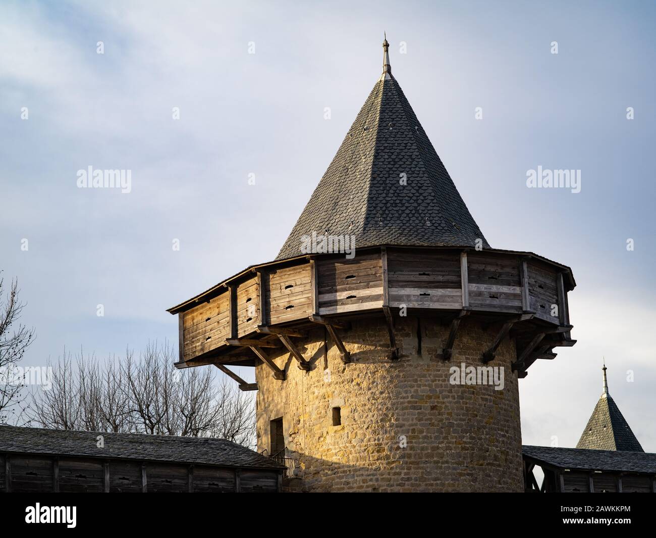 The Hoarding Surrounding A Tower At Carcassonne Fortress Stock Photo