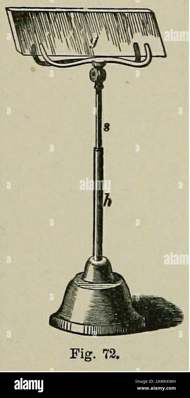 Plattner's manual of qualitative and quantitative analysis with the blowpipe; . largeamount of soda produces a blue color, and a smaller quantity is notperceptible. The flame of a Bunsen burner, p. 9, Fig. 8, or the blue blow-pipe flame may be employed. In the latter case a small stand. Pig.73, renders the observation more convenient.In the small tube, h, fastened in an iron orlead foot, the wire, s, is made to slide at pleas-ure, and it supports in a clamp the cobaltglass, g. A few experiments will determinethe proper situation for the glass between theeye and the flame, and give practice in Stock Photo