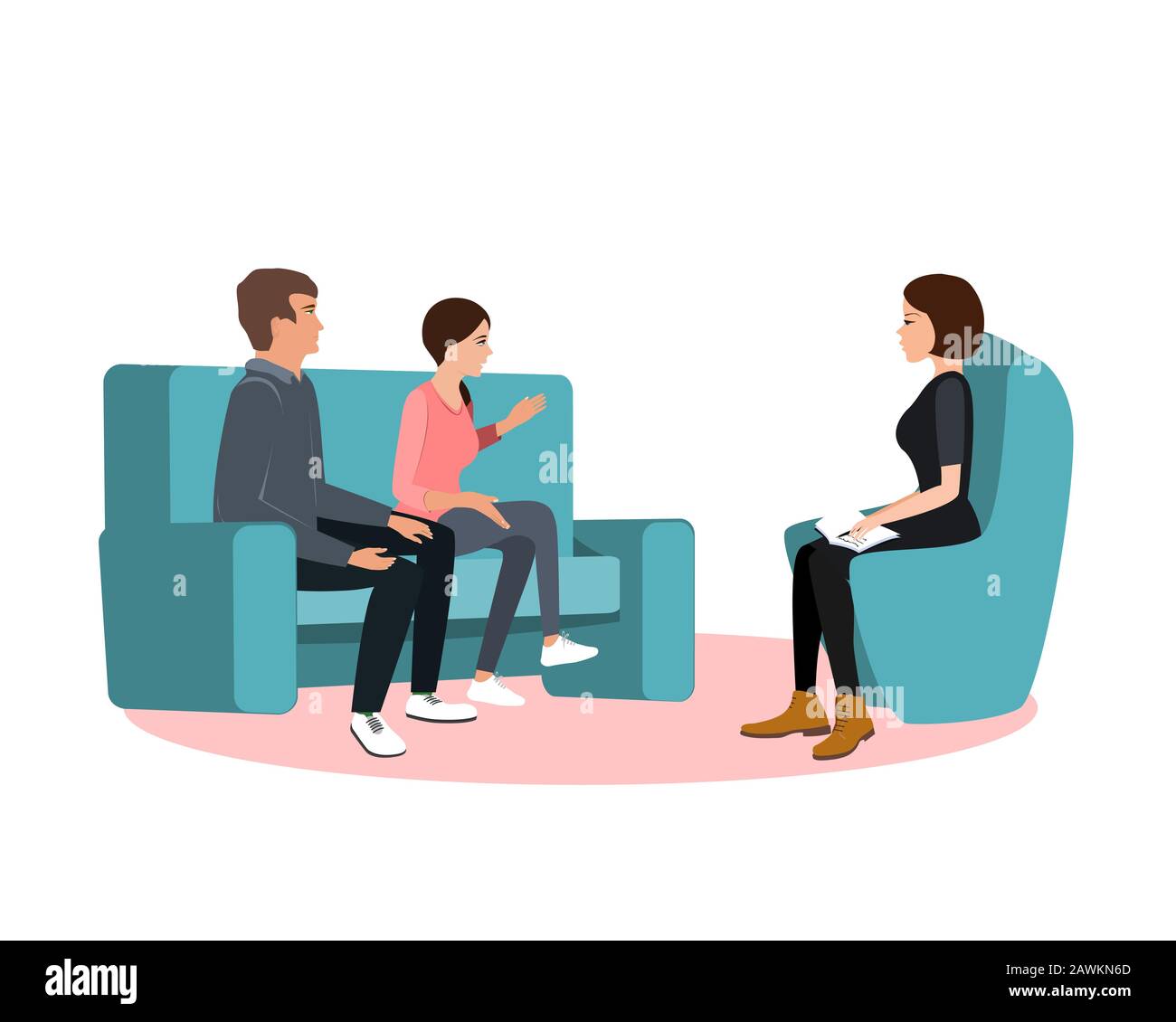 Married couple on sofa and woman psychologist or psychotherapist sitting in front of them. Marriage crisis, family conflict, relationship problem Stock Vector