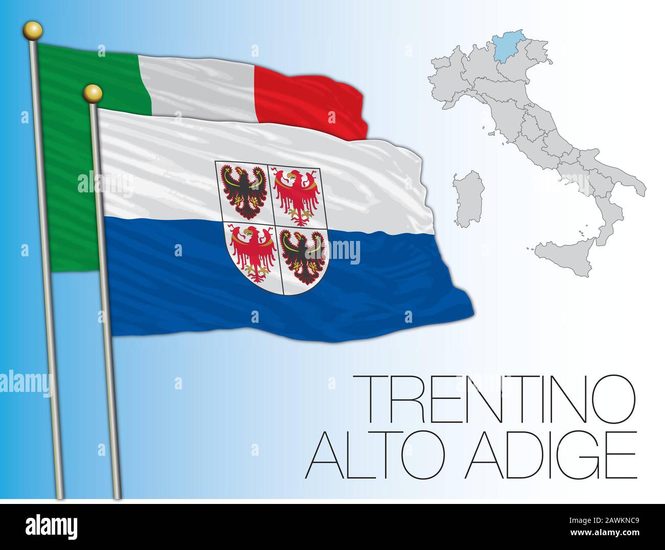 Trentino Alto Adige official regional flag and map, Italy, vector illustration Stock Vector