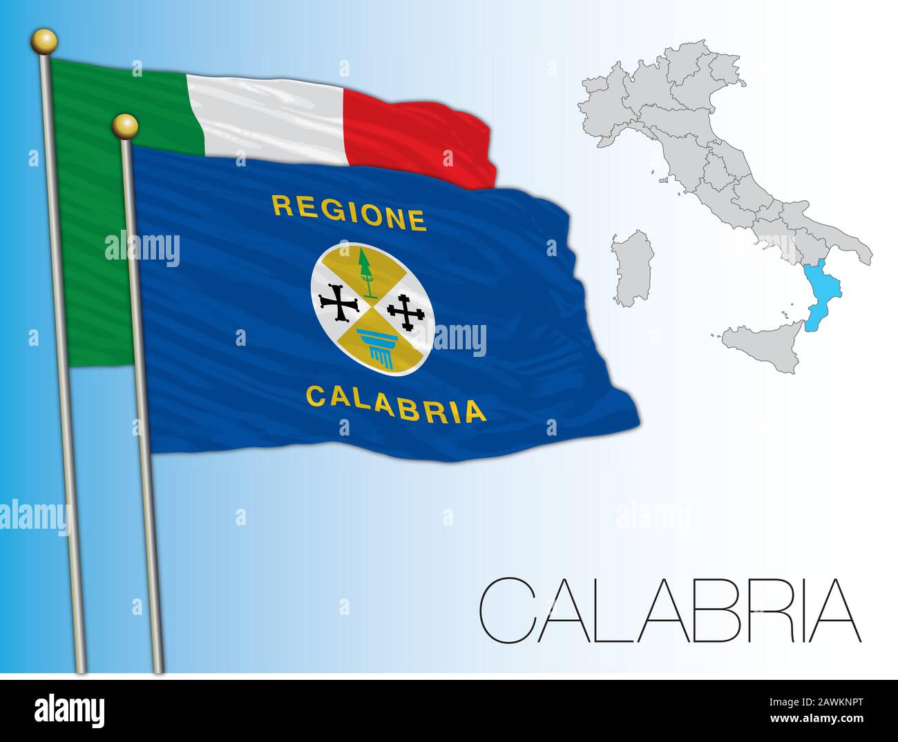 Calabria regional official flag and map, Italy, EU, vector illustration Stock Vector