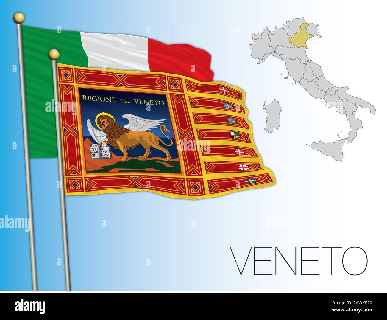 Veneto official regional flag and map, Italy, vector illustration Stock Vector