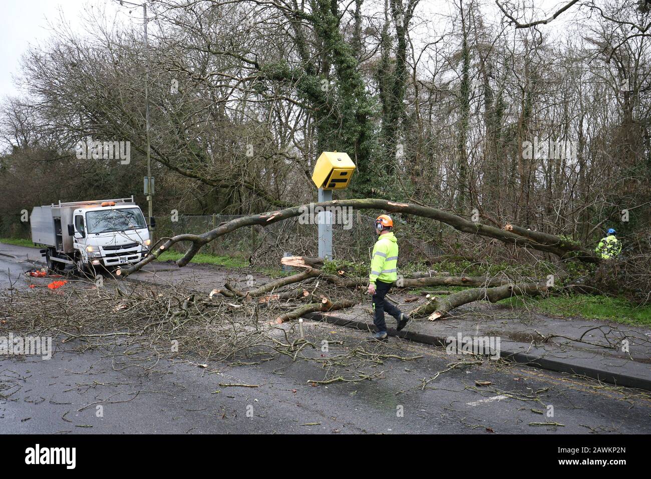 Workmen clear up after tree fell on speed camera and damaged it on The Meadway in Tilehurst, Reading as Storm Ciara hits the UK. PA Photo. Picture date: Sunday February 9, 2020. See PA story WEATHER Storm. Photo credit should read: Jonathan Brady/PA Wire Stock Photo