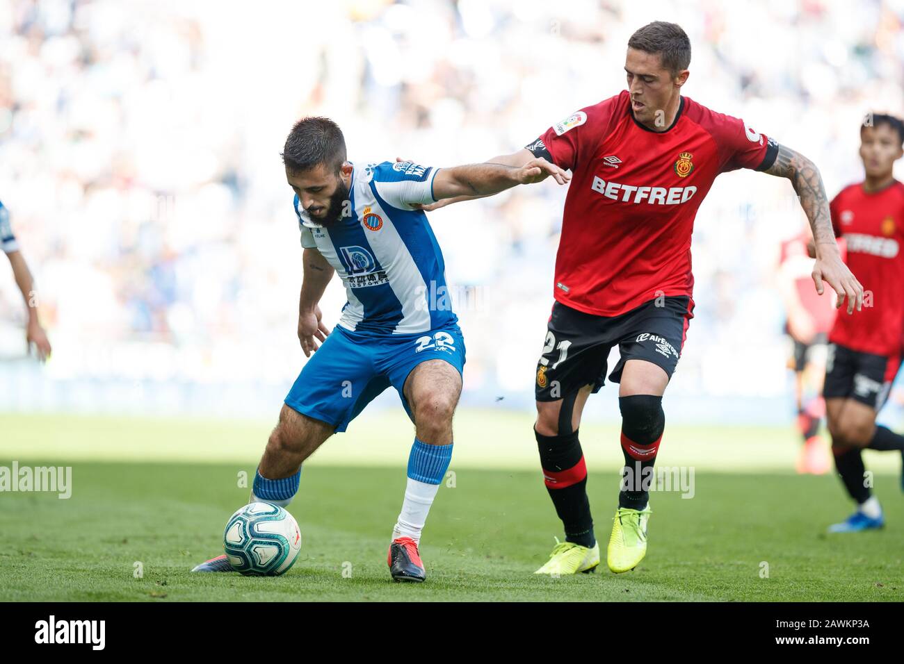 Cornella Del Llobregat, Spain. 09th Feb, 2020. BARCELONA, SPAIN - FEBRUARY 09: Matias Vargas of RCD Espanyol in action with Raillo of RCD Mallorca during the Liga match between RCD Espanyol and FC Barcelona at RCD Stadium on February 09, 2020 in Barcelona, Spain. Credit: Dax Images/Alamy Live News Stock Photo