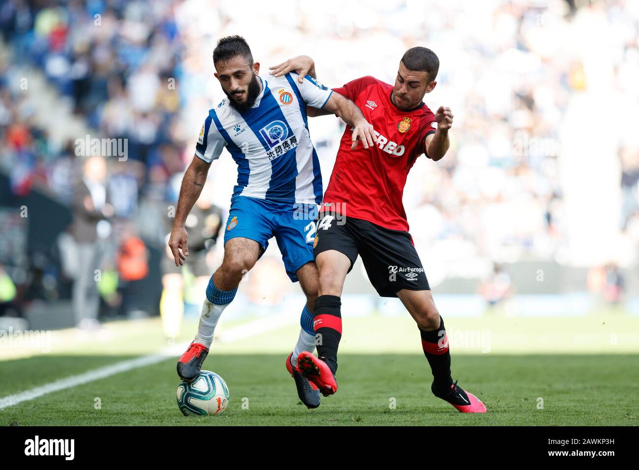 Cornella Del Llobregat, Spain. 09th Feb, 2020. BARCELONA, SPAIN - FEBRUARY 09: Matias Vargas of RCD Espanyol in action with Dani Rodriguez of RCD Mallorca during the Liga match between RCD Espanyol and FC Barcelona at RCD Stadium on February 09, 2020 in Barcelona, Spain. Credit: Dax Images/Alamy Live News Stock Photo