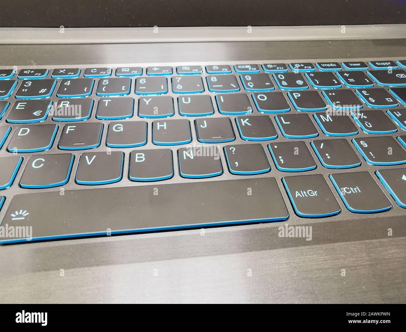 Modern laptop gaming with blue led backlight Stock Alamy