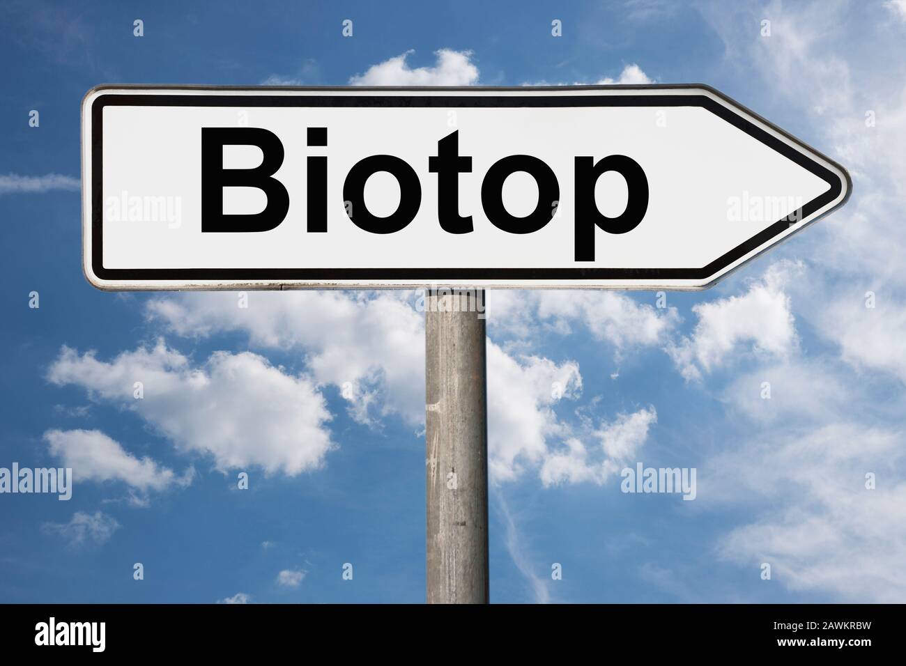 Detail photo of a signpost with the inscription Biotop (Biotope) Stock Photo