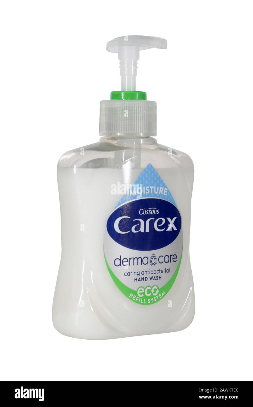 A pump action bottle of Cussons Carex Antibacterial Hand Wash - eco refill derma care moisturising isolated on a white background Stock Photo