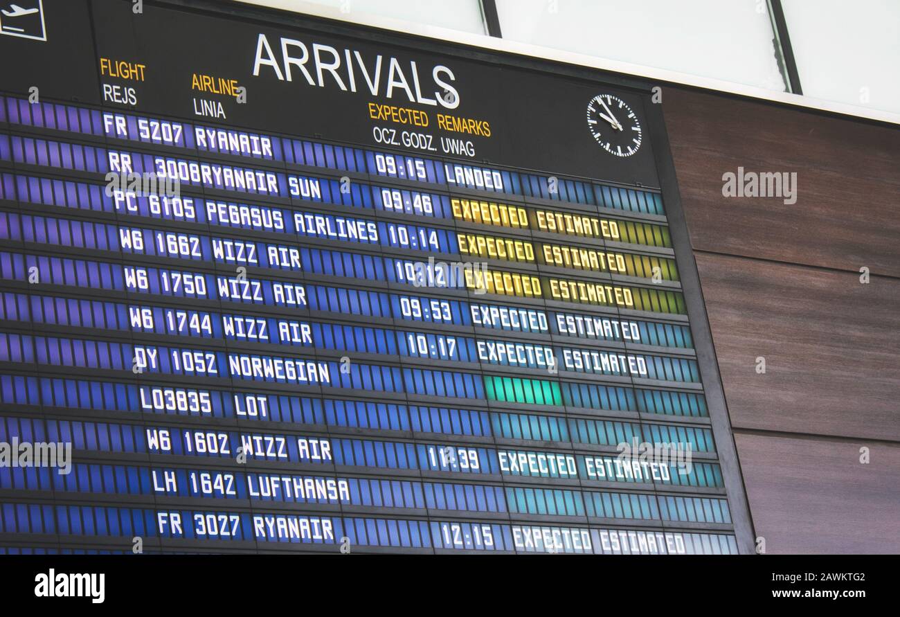 Gdansk / Poland - July 31 2019: Arrivals board at Gdansk airport Stock Photo