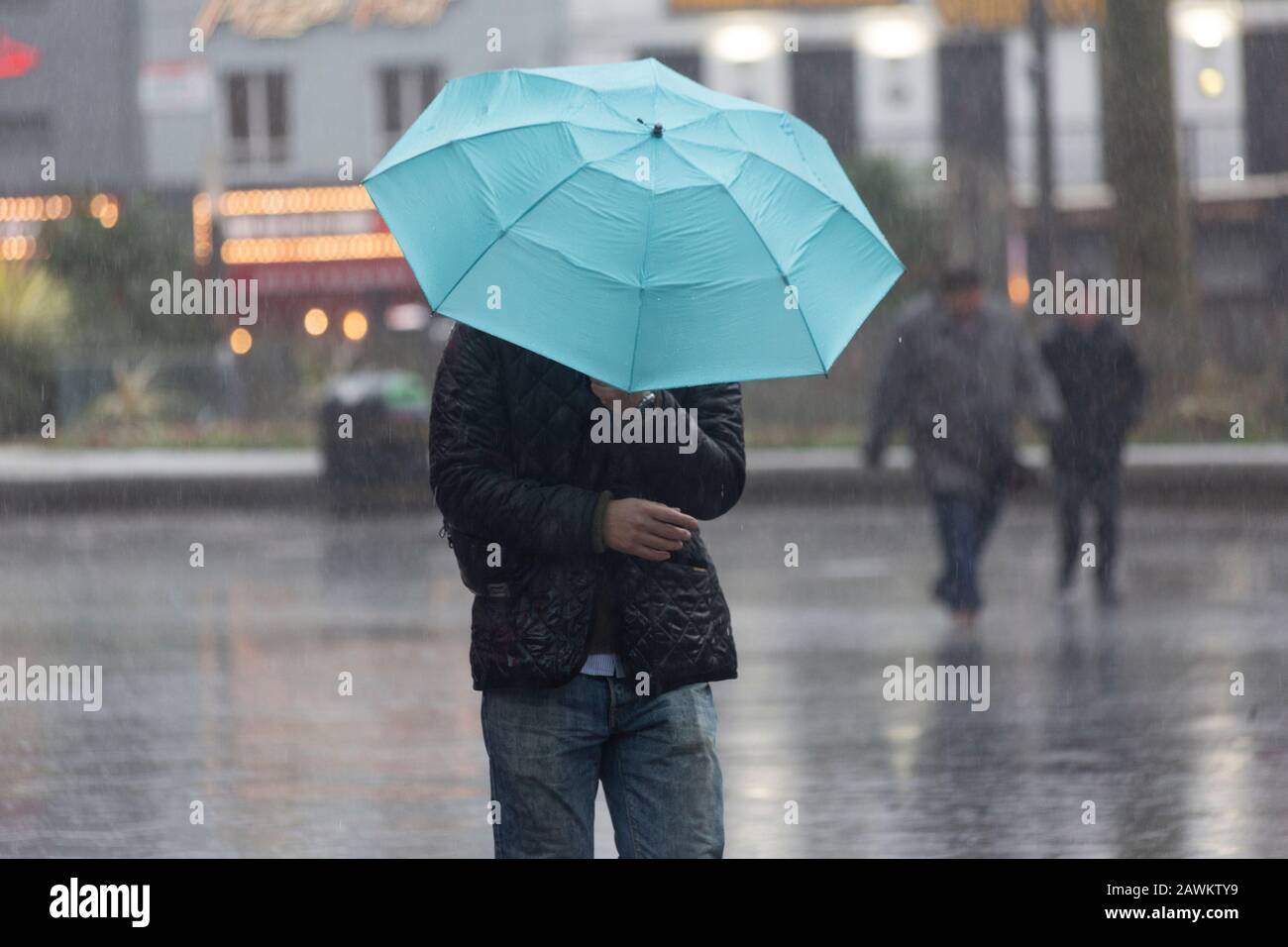UK Weather, London - 9 February 2020. Storm Ciara brings gale force winds and heavy rain to the London’s West End Theatreland district. Credit: Thamesfleet/Alamy Live News Stock Photo