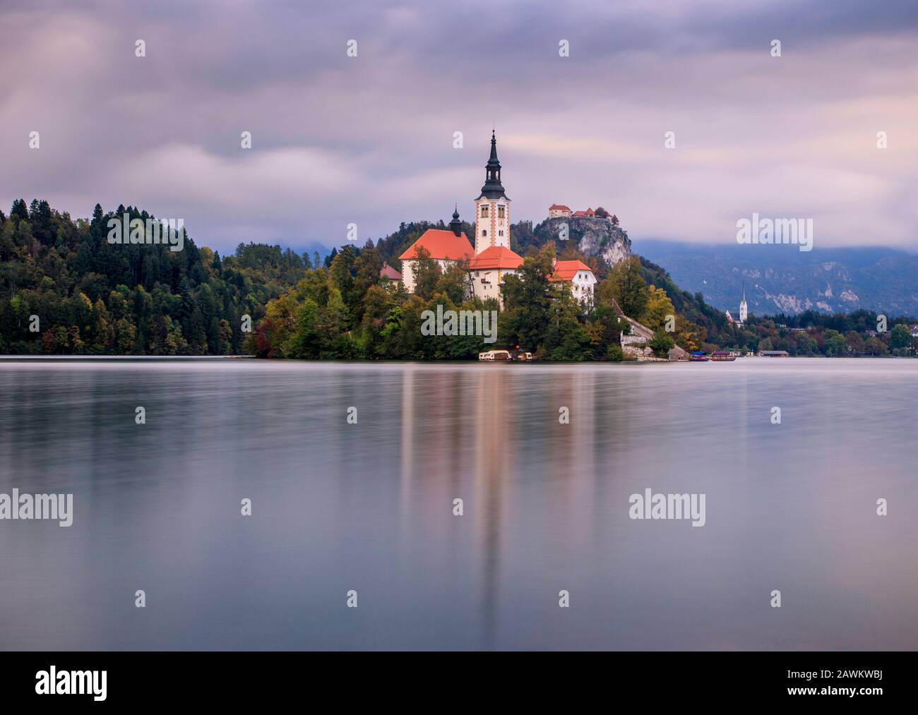Bled church standing on an island in the middle of the lake. Slovenia Stock Photo