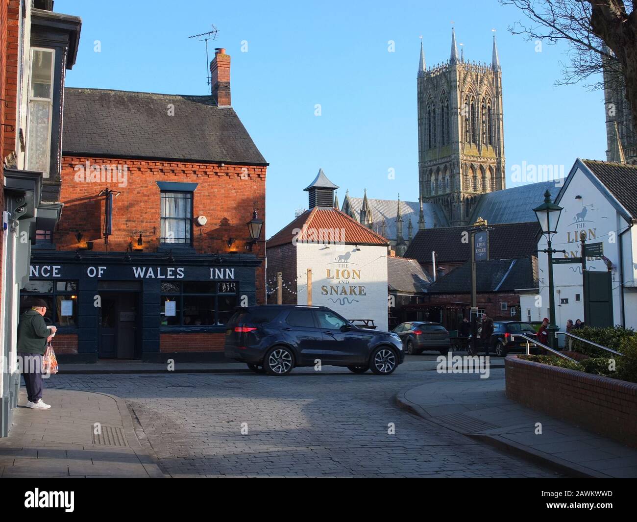 Looking towards the Prince of Wales and Lion & Snake historic inns on