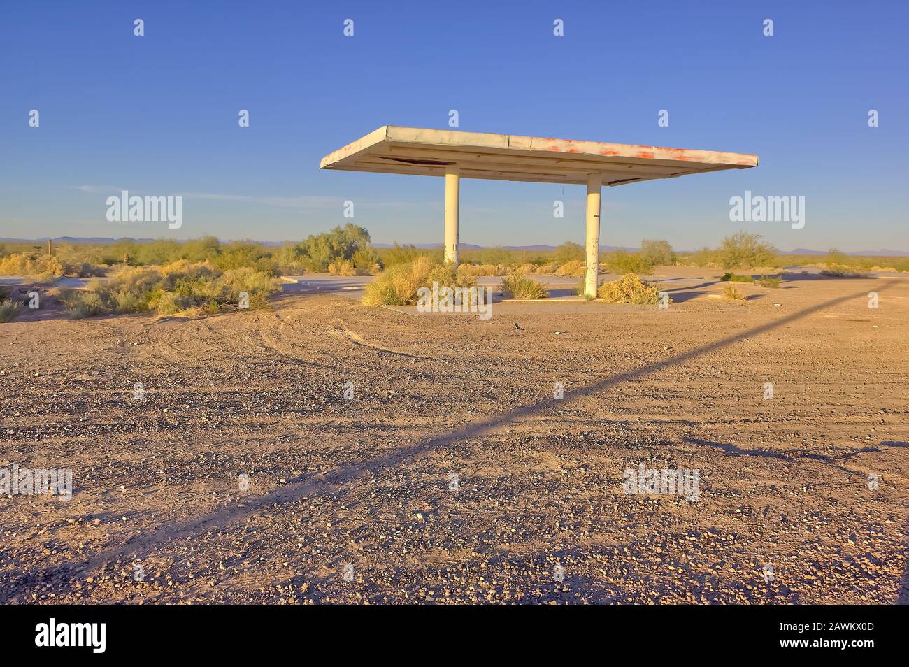 The ghostly remains of a long abandoned gas station that burned down decades ago in the little town of Aztec Arizona. Stock Photo