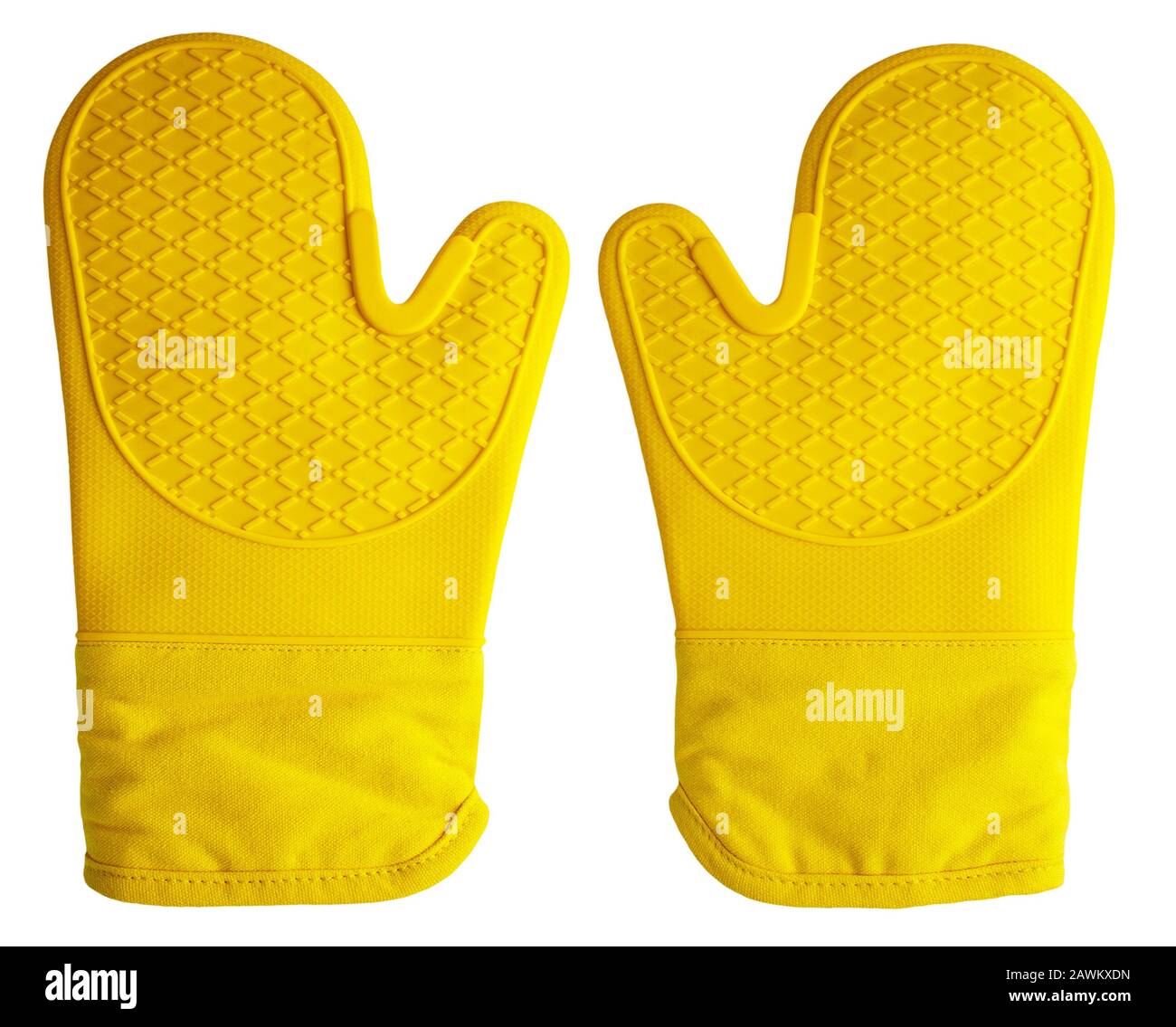 Pair of yellow oven gloves on an isolated white background with a clipping path Stock Photo