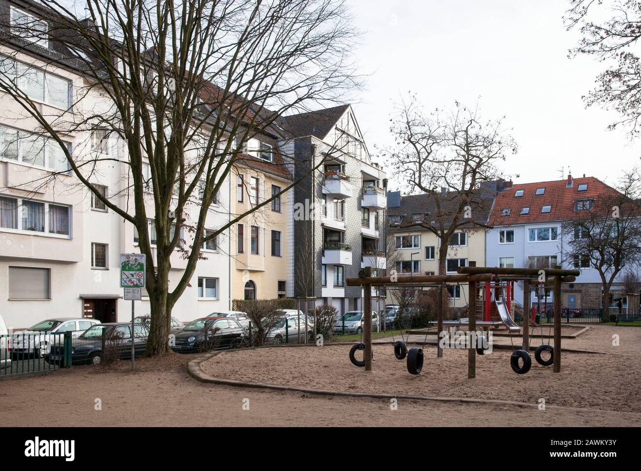 children's playground on Theophanoplatz in the district Zollstock, Cologne, Germany.  Kinderspielplatz auf dem Theophanoplatz im Stadtteil Zollstock, Stock Photo