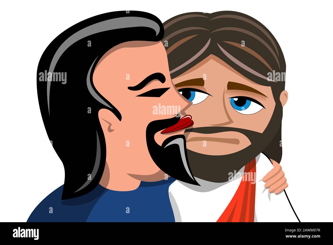 Judas betrays Jesus kissing him isolated on white Stock Photo
