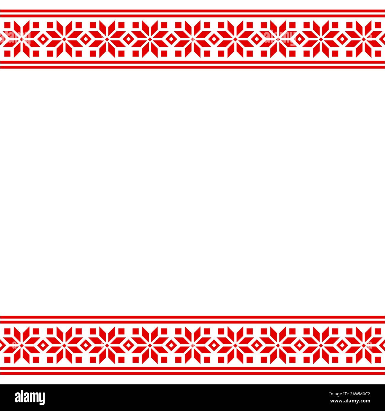 Ethnic Slavic embroidery pattern border. Traditional geometric ornament template, red and white vector design. Stock Vector