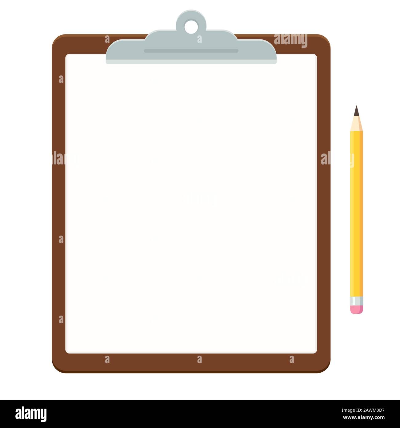Clipboard with blank paper sheet and pencil. Office stationery in simple flat vector style, isolated clip art illustration. Stock Vector