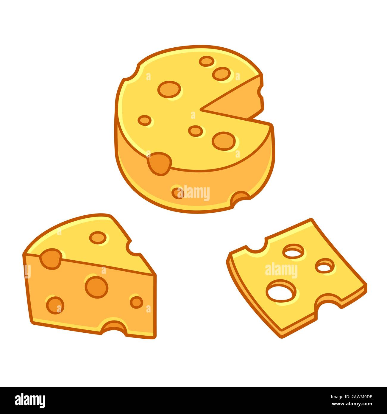 Cartoon set of cheese. Triangle piece, cut wheel circle and slice. Yellow  swiss cheese with holes in simple, cute hand drawn style. Isolated vector  il Stock Vector Image & Art - Alamy