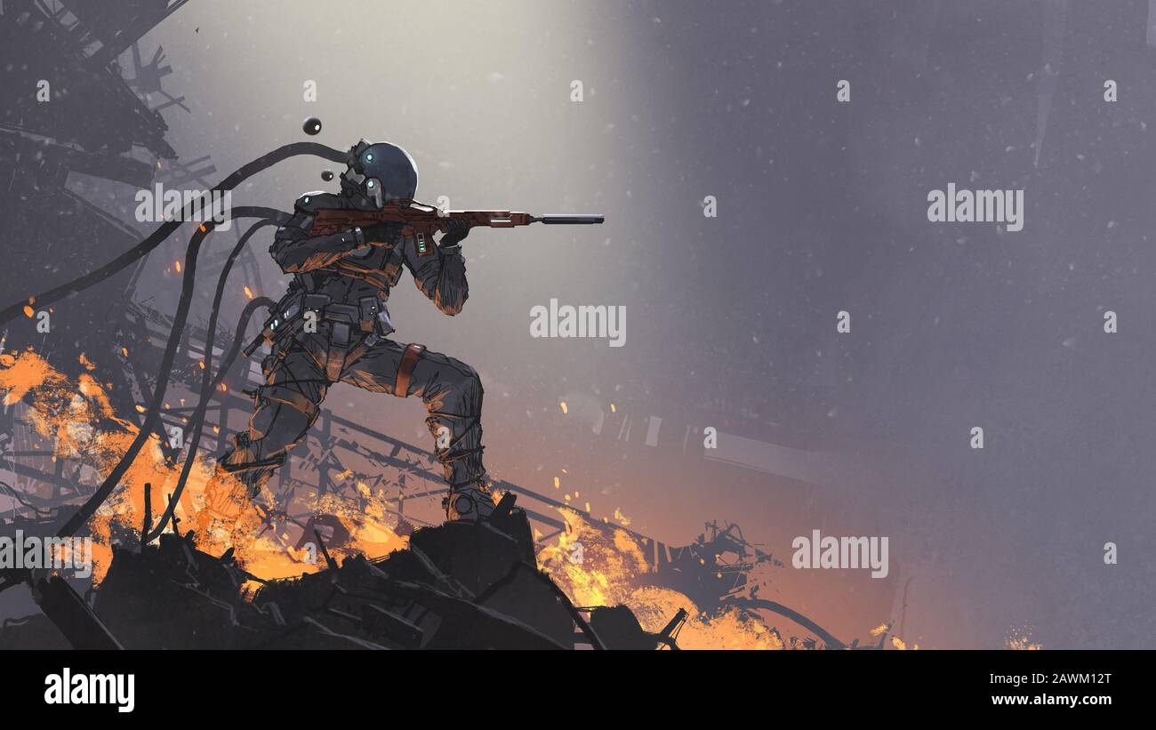 the futuristic soldier aiming his gun at the enemy against the battlefield background, digital art style, illustration painting Stock Photo
