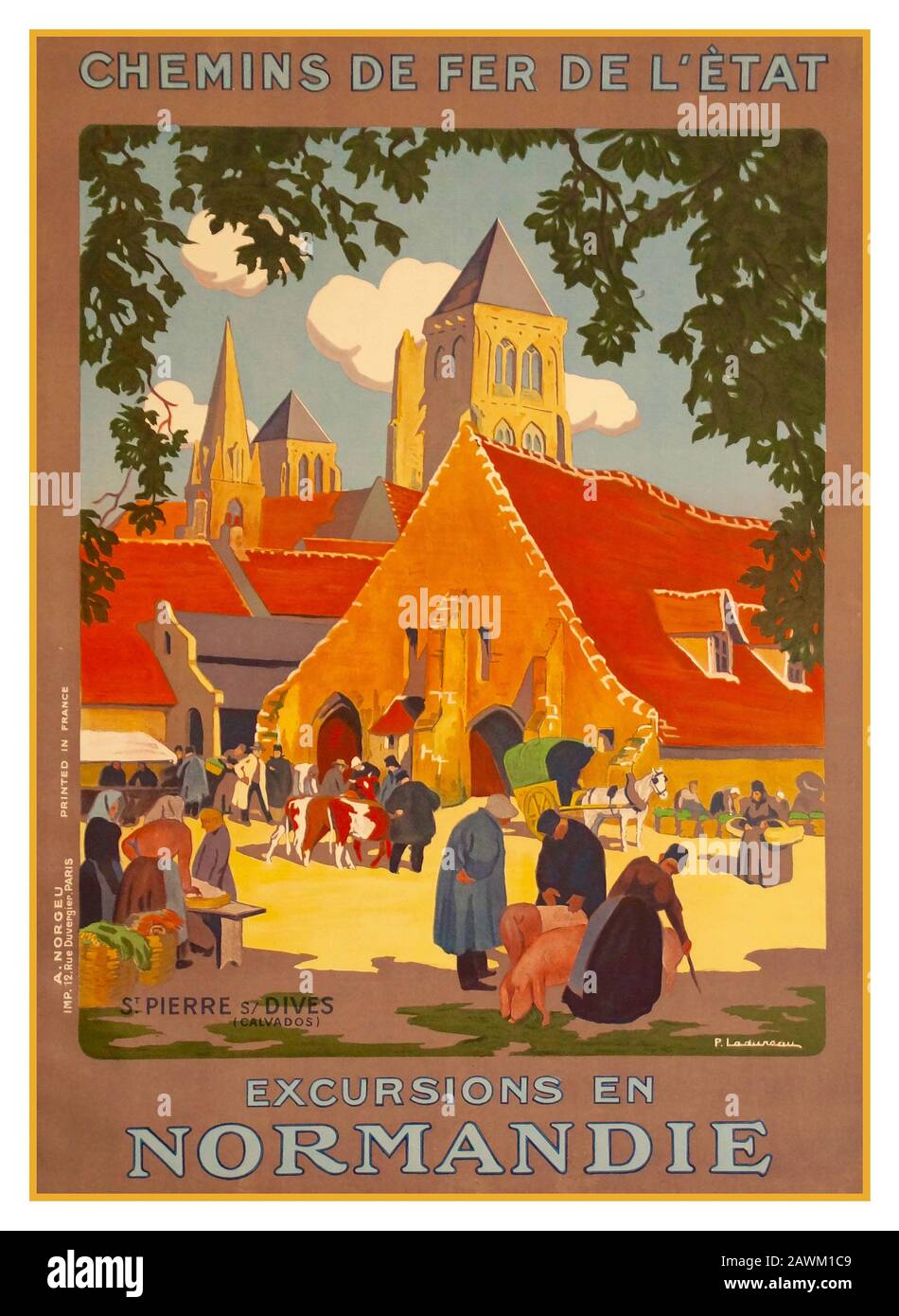 ‘NORMANDIE’ Vintage 1900’s French travel poster for excursions in Normandy France by French Railways ‘chemins de fer de l’etat’ Excursions de Normandie Illustration of a Village Market Scene Saint Pierre sur Dives Normandy France Lithograph Stock Photo