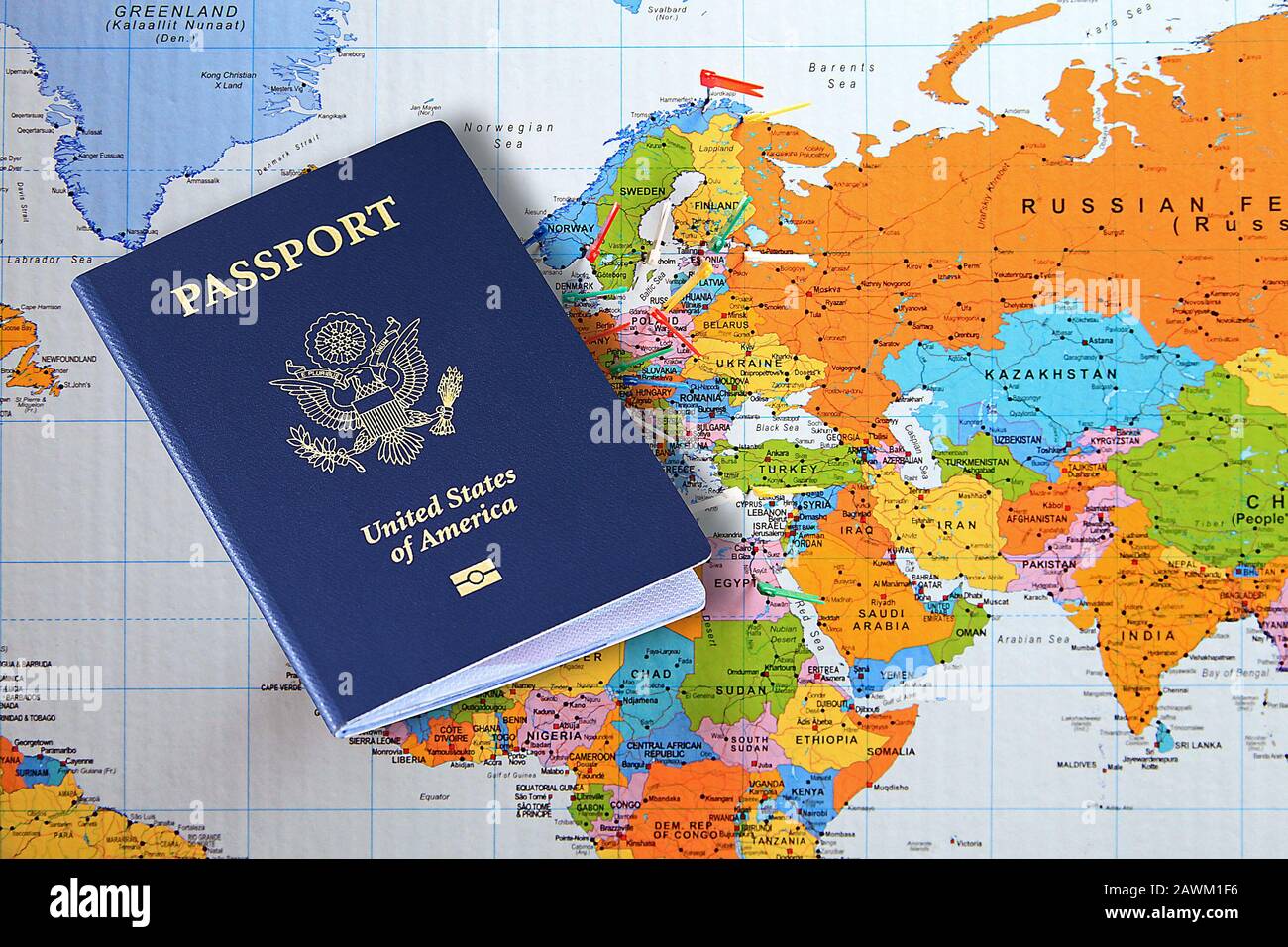 United States Of America Passport On World Map Stock Photo