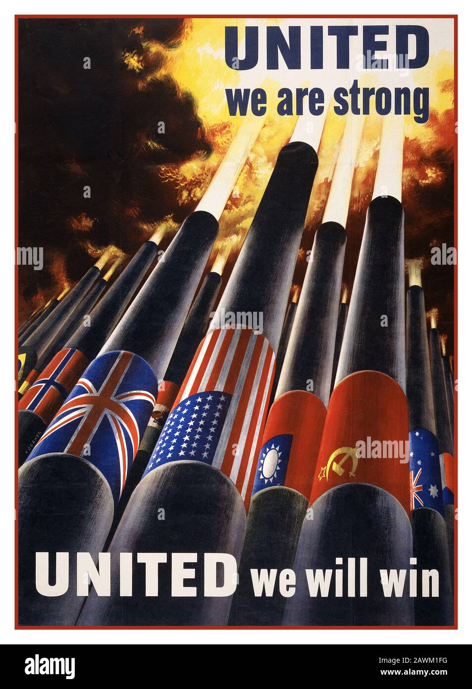 Vintage 1940's World War II Allied Propaganda Poster of the Allied Powers with powerful illustration of big guns firing in unison with allied flags wrapped around the barrels Denmark Great Britain USA Russia etc Stock Photo