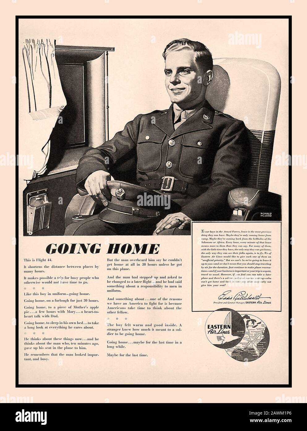 Vintage WW2 Patriotic Press advertisement Eastern Airlines 'Going Home' military advertisement 1943 illustrating a member of the military going home on war leave, via Eastern Airlines. USA World War II Second World War Stock Photo