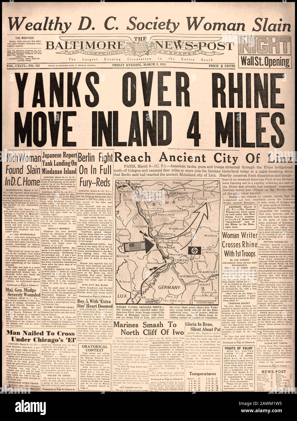 WW2 American Newspaper Headline 'YANKS OVER RHINE MOVE INLAND 4 MILES' The Baltimore Post, March 1945. The beginning of the end..World War II American Military Cross The Rhine with Legendary General Patton and move towards Berlin Nazi Germany Stock Photo