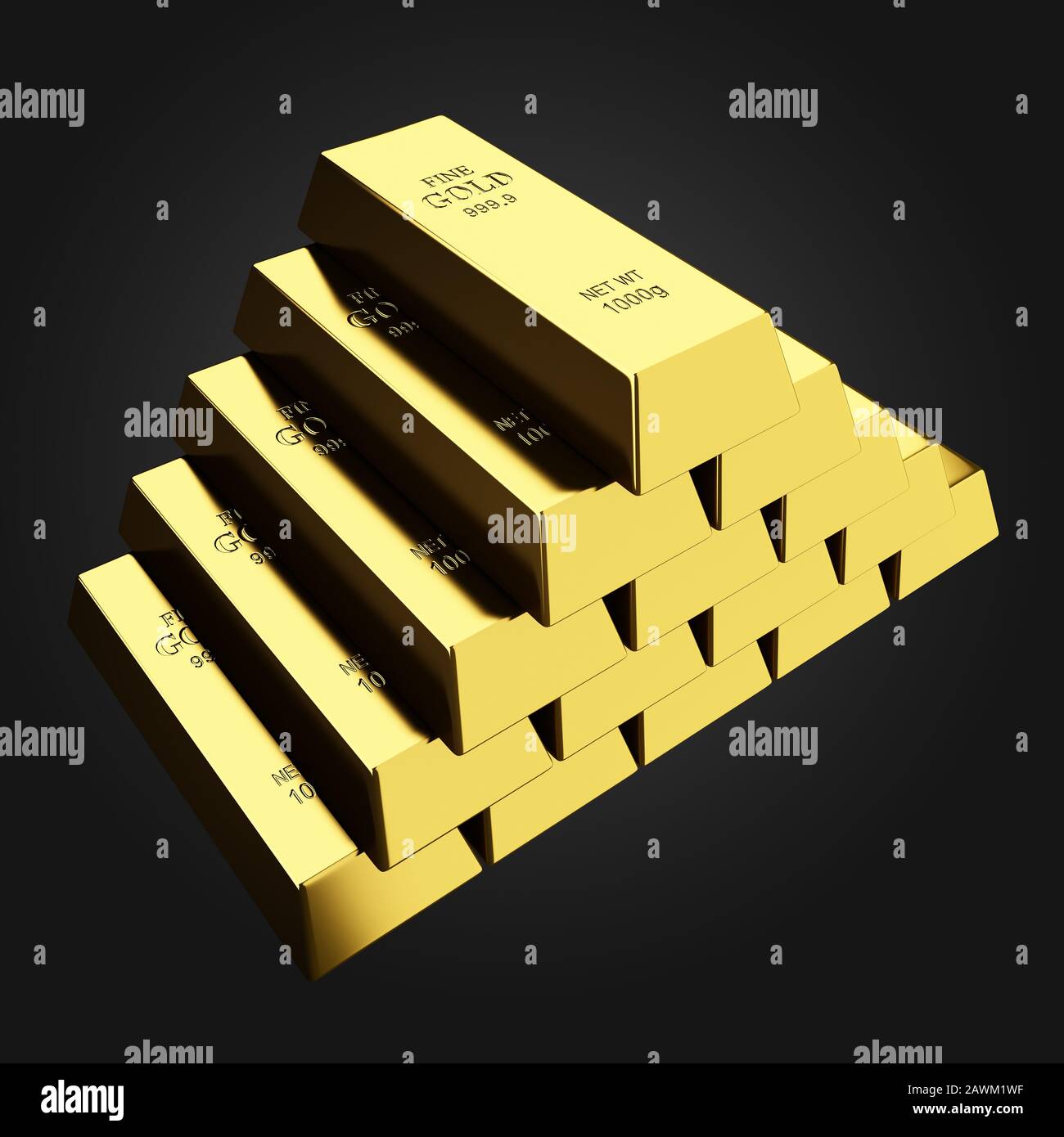 Stack of shiny gold bars isolateted on dark background. Financial and business background concept of wealth and riches. Stock Photo