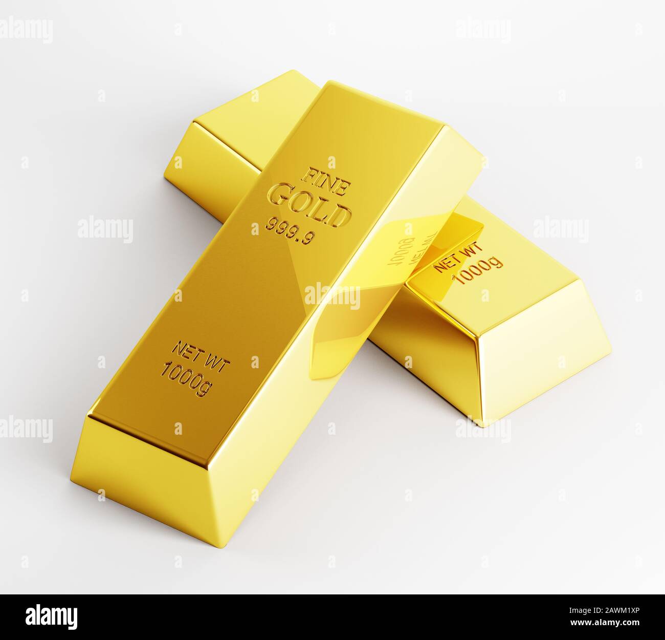 Shiny gold bars isolated on white. Gold is the best investment asset, which price is always rising. Financial and business background wealth concept Stock Photo