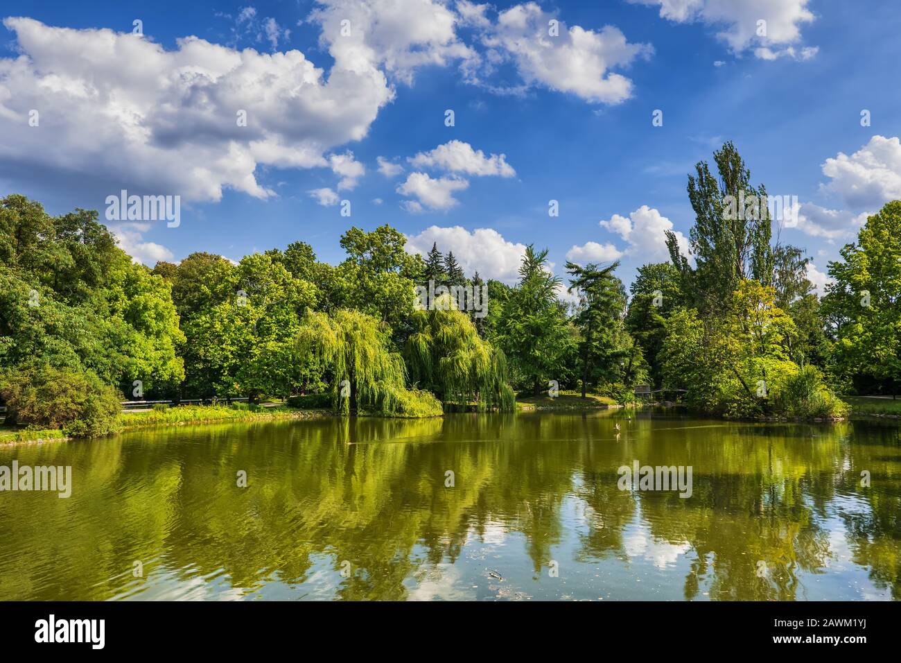 Ujazdow Park (Polish: Park Ujazdowski) with lake in city of Warsaw in Poland Stock Photo