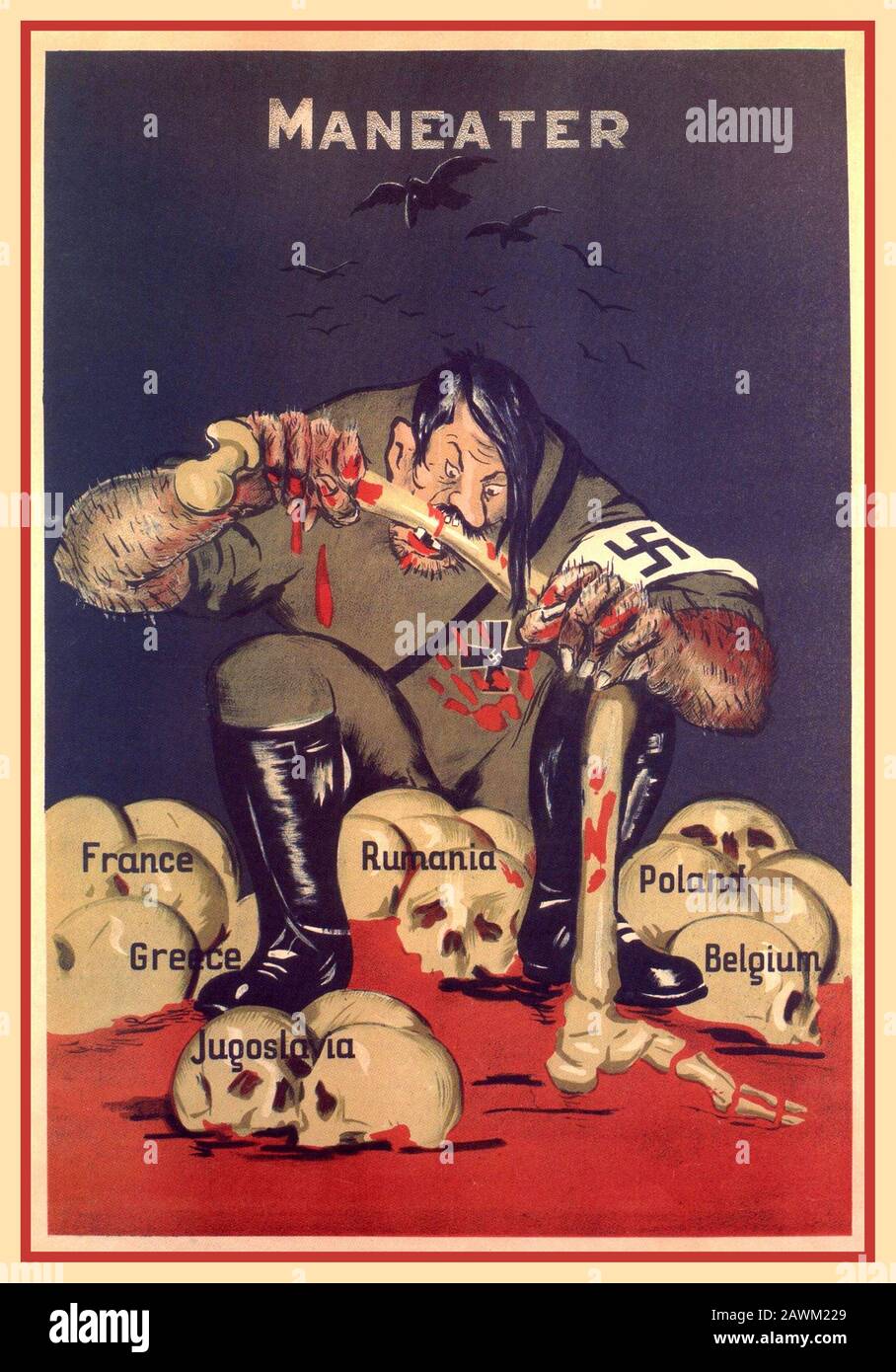 WW2 Adolf Hitler EUROPEAN INVADER OCCUPIER ‘MANEATER’ Illustration as a demonic swastika wearing Maneater - British UK Propaganda poster from 1942 depicting Hitler as a cannibal devouring the bones and skulls of France, Greece, Yugoslavia ,Rumania, Poland and Belgium countries across continental Europe. World War II Second World War WW2 Propaganda Poster Stock Photo