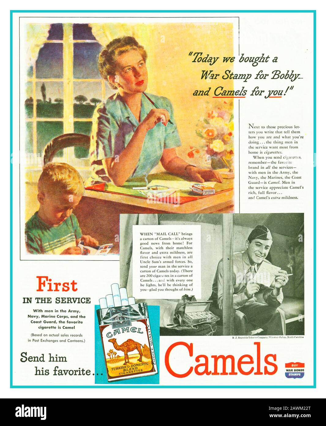 WW2 cigarette advertising Vintage American World War II patriotic Camels cigarette advertising, with wife writing from home and WW2 American soldier husband on war duties smoking whilst reading her letter. 'Today we bought a War Stamp for Bobby and Camels for you' FIRST in the service... send him his favorite Stock Photo