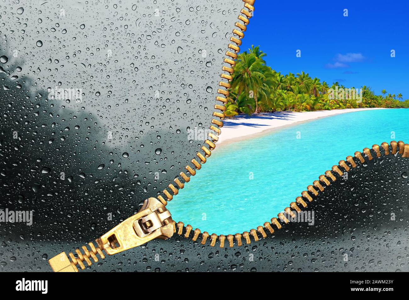 Zip for conceptual weather change transition season from cold and rain to summer and tropical sea and beach Stock Photo