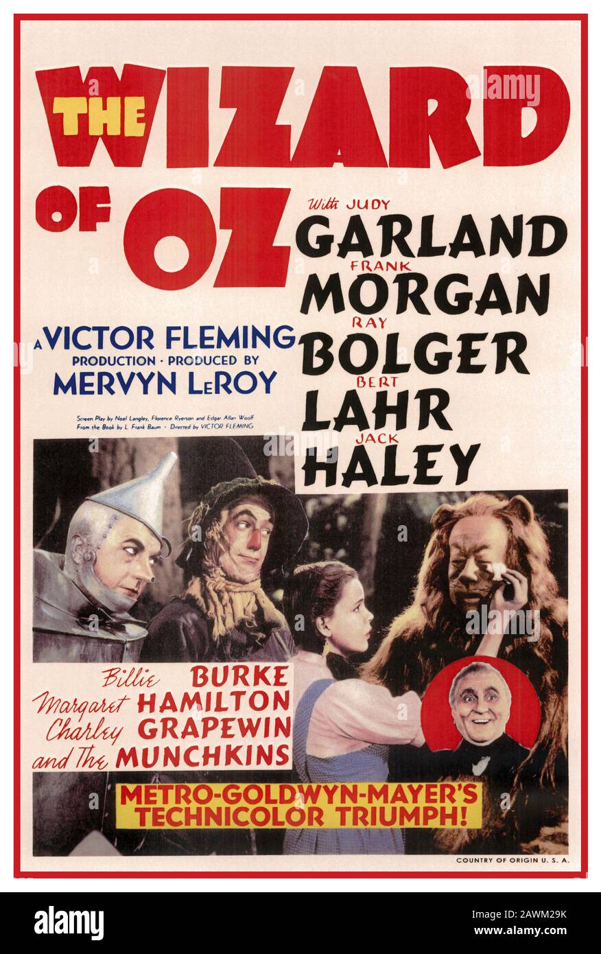 'Wizard of OZ'  Movie Film Cinema poster 1930's 'Wizard of OZ' original movie poster 1939 starring Judy Garland Frank Morgan, Ray Bolger, Bert Lahr, Jack Haley Victor Fleming and Mervyn LeRoy production MGM Stock Photo